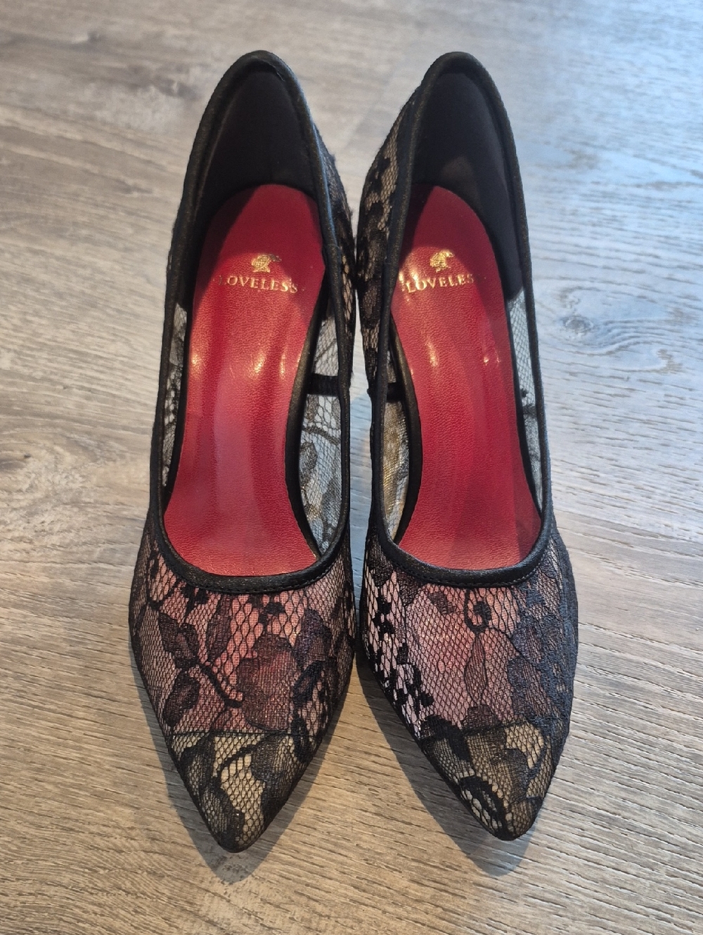 Black Lace Pointed Toe High Heels with Red Insole